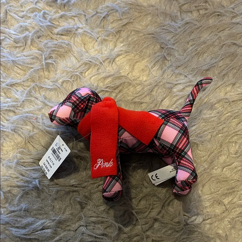 NWT Pink By Victoria Secret Pink Plaid Stuffed Dog with Logo Red Scarf‎